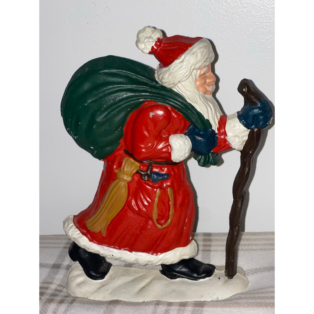 Vintage Cast Iron Santa Claus Doorstop 9” Walking Stick Red Coat Christmas